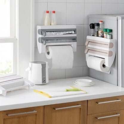 Kitchen Wall Mounted Cling Film Holder Wrap Storage Rack Hanger Rack Cutting Device, Size: 39 x 10 x 24cm, Grey, Khaki