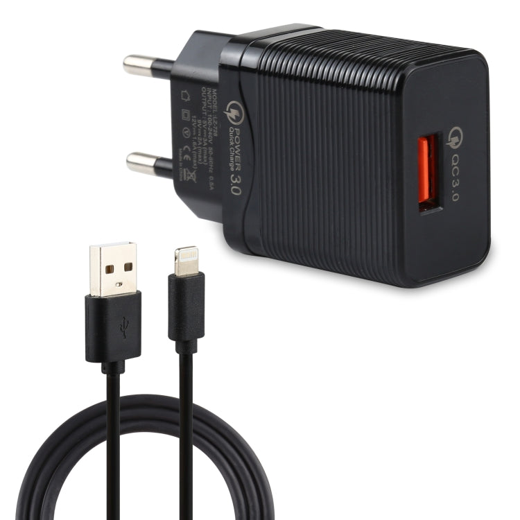 LZ-728 2 in 1 18W QC 3.0 USB Interface Travel Charger + USB to 8 Pin Data Cable Set, EU Plug, Cable Length: 1m, with 8 Pin Cable