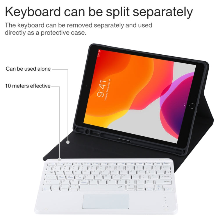 TG-102BC Detachable Bluetooth White Keyboard + Microfiber Leather Tablet Case for iPad 10.2 inch / iPad Air (2019), with Touch Pad & Pen Slot & Holder, White Keyboard