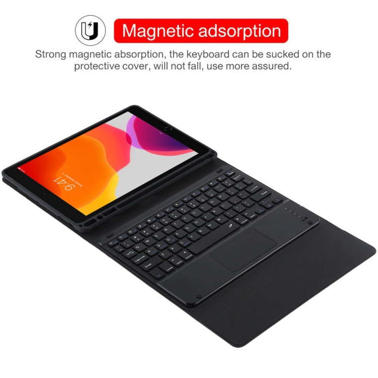 Teclado Bluetooth destacável TG-102BC preto + capa em pele de microfibra para iPad de 10,2 polegadas / iPad Air (2019), com touchpad, compartimento e suporte para caneta, TG-102BC