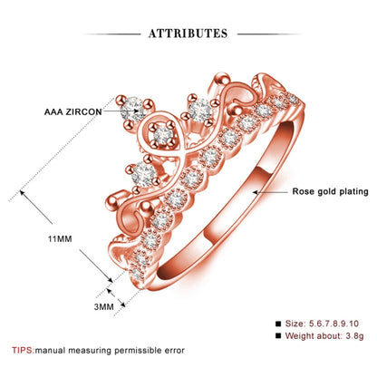 Anillo de circonita bañado en oro rosa con forma de corona de princesa reina, talla estadounidense: 6, diámetro: 16,5 mm, perímetro: 51,9 mm, 6