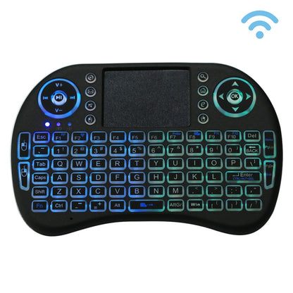 Teclado QWERTY sem fios Mini i8 de 2,4 GHz com retroiluminação a cores, touchpad e comando multimédia para PC, Android TV Box, Xbox Player e smartphones. A retroiluminação pode ser alterada a cores.