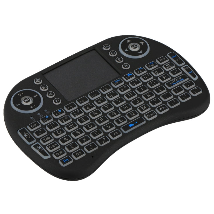 Teclado QWERTY sem fios Mini i8 de 2,4 GHz com retroiluminação a cores, touchpad e comando multimédia para PC, Android TV Box, Xbox Player e smartphones. A retroiluminação pode ser alterada a cores.