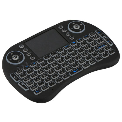 Teclado QWERTY sem fios Mini i8 de 2,4 GHz com retroiluminação a cores, touchpad e comando multimédia para PC, Android TV Box, Xbox Player e smartphones. A retroiluminação pode ser alterada a cores.