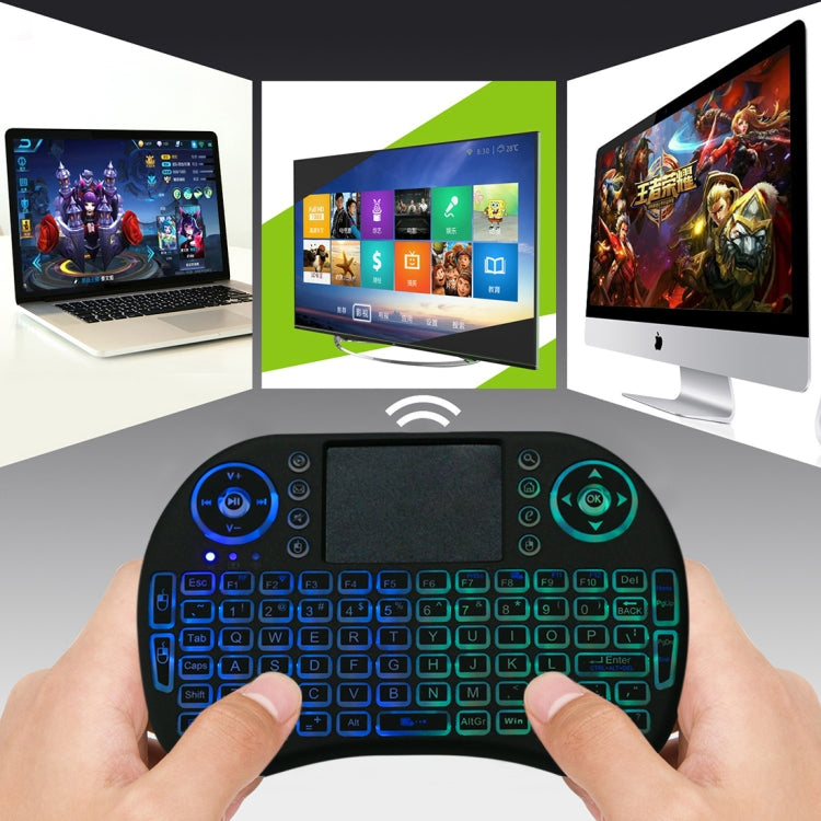 Teclado QWERTY sem fios Mini i8 de 2,4 GHz com retroiluminação a cores, touchpad e comando multimédia para PC, Android TV Box, Xbox Player e smartphones. A retroiluminação pode ser alterada a cores.