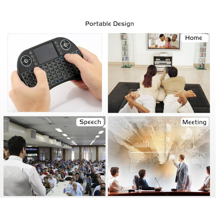 Teclado QWERTY sem fios Mini i8 de 2,4 GHz com retroiluminação a cores, touchpad e comando multimédia para PC, Android TV Box, Xbox Player e smartphones. A retroiluminação pode ser alterada a cores.