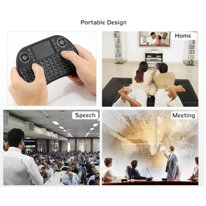 Teclado QWERTY sem fios Mini i8 de 2,4 GHz com retroiluminação a cores, touchpad e comando multimédia para PC, Android TV Box, Xbox Player e smartphones. A retroiluminação pode ser alterada a cores.