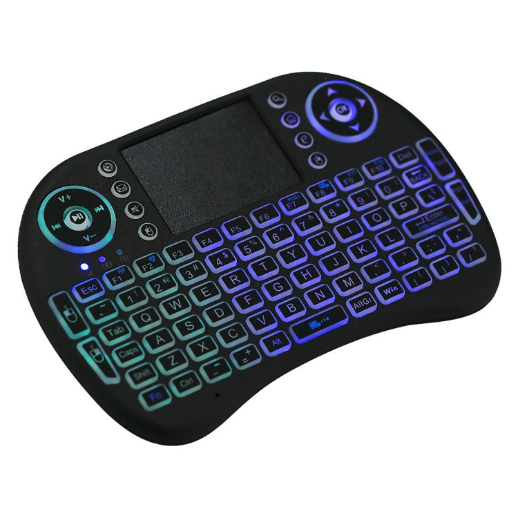 Teclado QWERTY sem fios Mini i8 de 2,4 GHz com retroiluminação a cores, touchpad e comando multimédia para PC, Android TV Box, Xbox Player e smartphones. A retroiluminação pode ser alterada a cores.