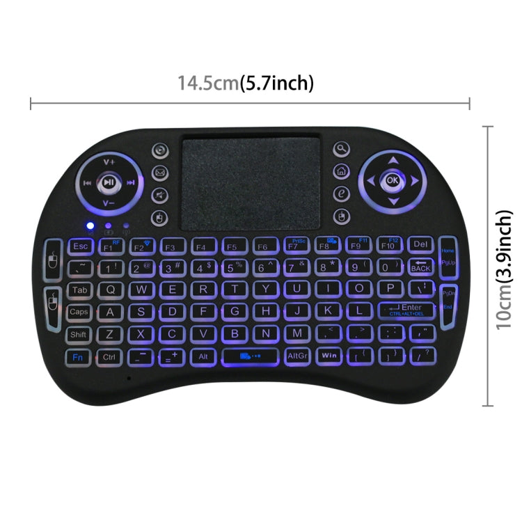Teclado QWERTY sem fios Mini i8 de 2,4 GHz com retroiluminação a cores, touchpad e comando multimédia para PC, Android TV Box, Xbox Player e smartphones. A retroiluminação pode ser alterada a cores.