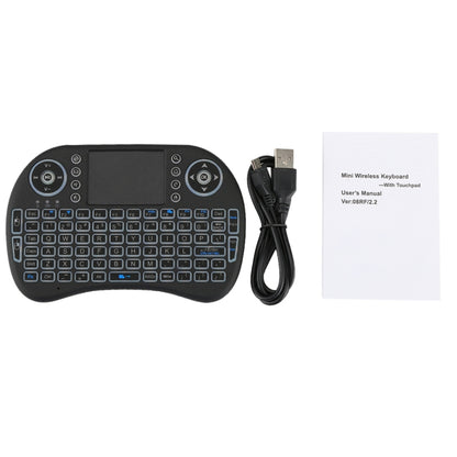 Teclado QWERTY sem fios Mini i8 de 2,4 GHz com retroiluminação a cores, touchpad e comando multimédia para PC, Android TV Box, Xbox Player e smartphones. A retroiluminação pode ser alterada a cores.