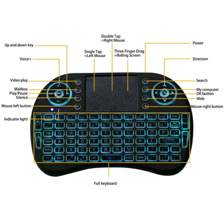 Teclado QWERTY sem fios Mini i8 de 2,4 GHz com retroiluminação a cores, touchpad e comando multimédia para PC, Android TV Box, Xbox Player e smartphones. A retroiluminação pode ser alterada a cores.