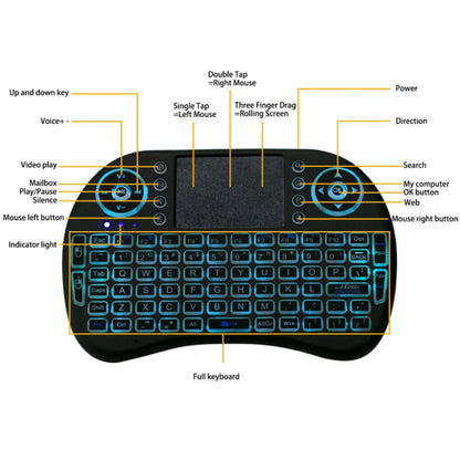 Teclado QWERTY sem fios Mini i8 de 2,4 GHz com retroiluminação a cores, touchpad e comando multimédia para PC, Android TV Box, Xbox Player e smartphones. A retroiluminação pode ser alterada a cores.
