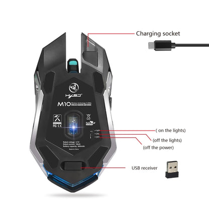 Ratón óptico inalámbrico para juegos HXSJ M10 de 2,4 GHz, 6 teclas, recargable por USB, iluminación colorida, ergonómico, 2400 DPI, para computadoras de escritorio, M10