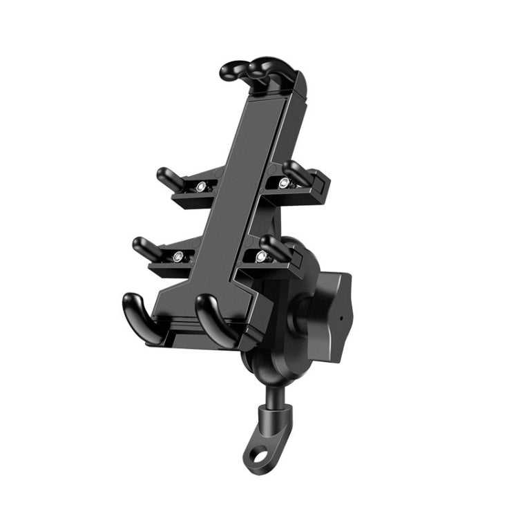 Suporte de alumínio para telemóvel com oito garras e cabeça esférica para motociclo, com orifício para parafuso de espelho retrovisor inclinável.
