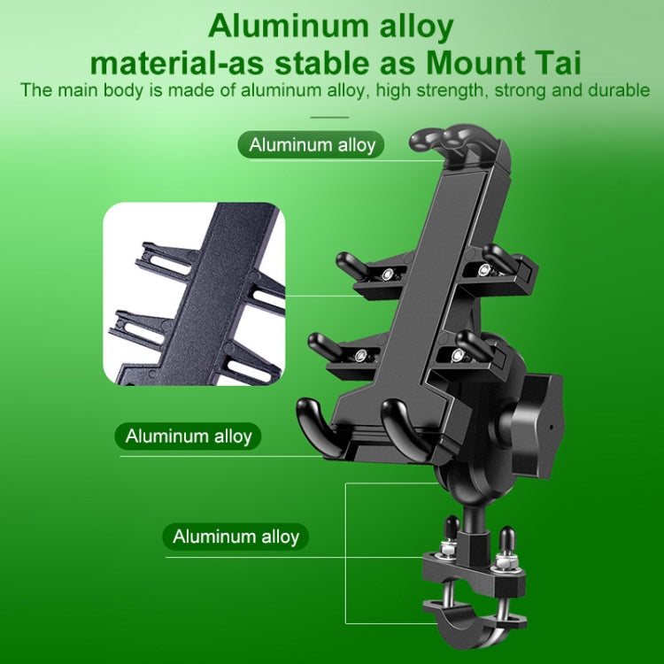 Suporte de alumínio para telemóvel com oito garras e cabeça esférica para motociclo, com orifício para parafuso de espelho retrovisor inclinável.