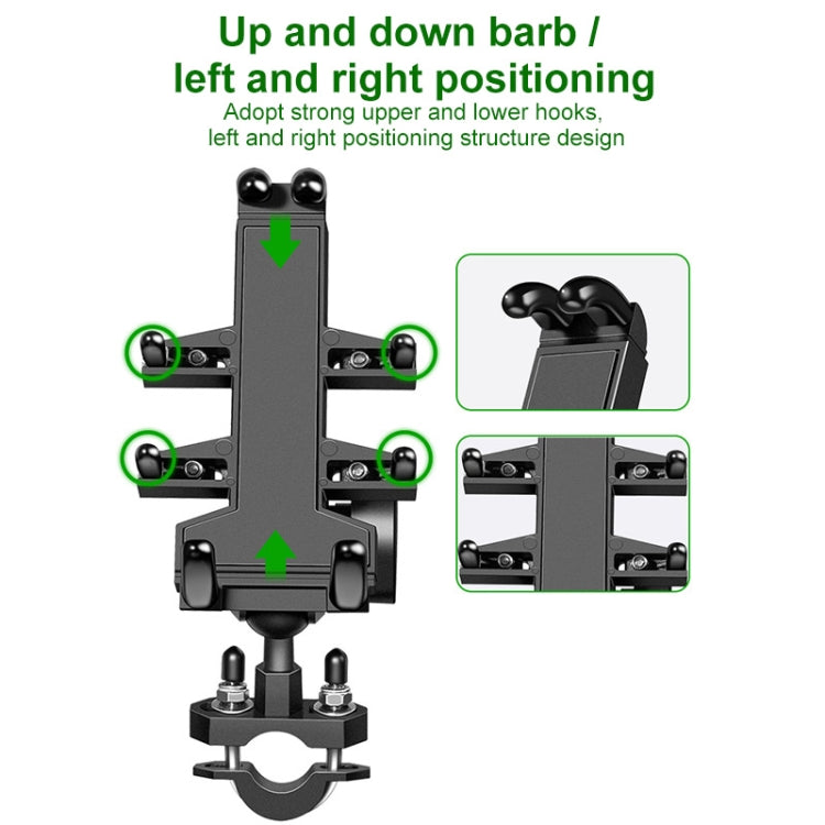 Suporte de alumínio para telemóvel com oito garras e cabeça esférica para motociclo, com orifício para parafuso de espelho retrovisor inclinável.