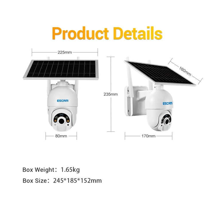 Câmara IP ESCAM QF450 HD 1080P 4G (Versão EUA) com alimentação solar, sem necessidade de cartão de memória, compatível com áudio bidirecional, deteção de movimento PIR, visão noturna e entrada para cartão TF.