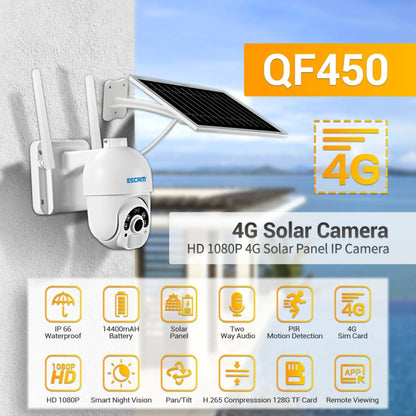 Câmara IP ESCAM QF450 HD 1080P 4G (Versão EUA) com alimentação solar, sem necessidade de cartão de memória, compatível com áudio bidirecional, deteção de movimento PIR, visão noturna e entrada para cartão TF.