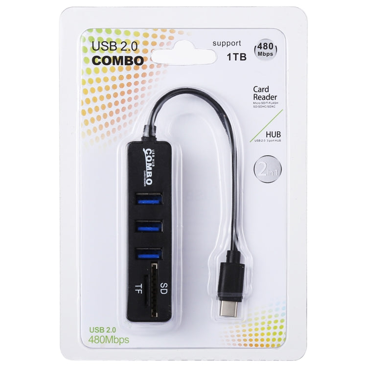 2 in 1 TF & SD Card Reader + 3 x USB Ports to USB-C / Type-C HUB Converter, Total Length: 24cm, Type-C (Black), Type-C (White)