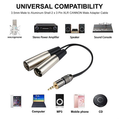 Metal Head 3.5mm Male to Aluminum Shell 2 x 3 Pin XLR CANNON Male Audio Connector Adapter Cable, Total Length: about 25cm, 2 x 3 Pin Male