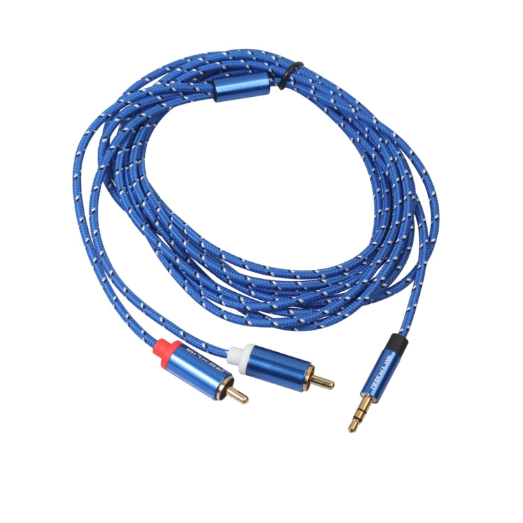 Cabo de áudio REXLIS 3610 com conector macho de 3,5 mm para dois conectores RCA banhados a ouro, revestimento em algodão entrançado azul, para interface de entrada RCA e altifalante ativo. Comprimento: 3 m.