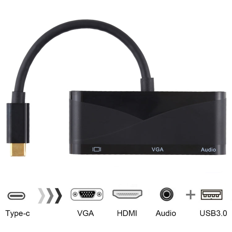 USB 2.0 + Audio Port + VGA + HDMI to USB-C / Type-C HUB Adapter, Black, White