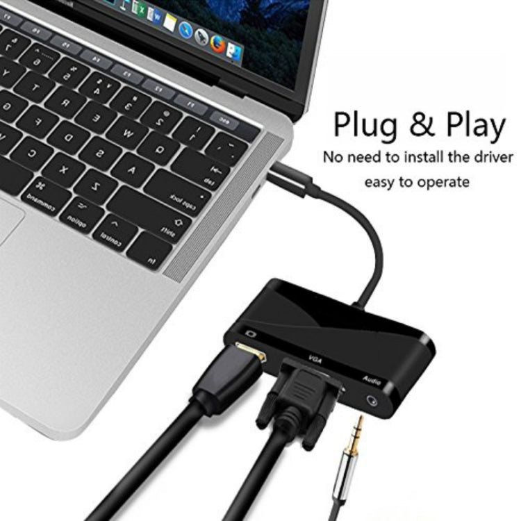 USB 2.0 + Audio Port + VGA + HDMI to USB-C / Type-C HUB Adapter, Black, White