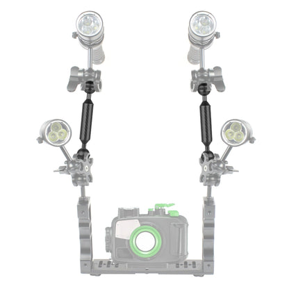 Braço flutuante em fibra de carbono com duas esferas PULUZ de 9 polegadas (23 cm de comprimento e 20,8 mm de diâmetro), diâmetro da esfera: 25 mm, disponível nas cores preto, azul e vermelho.