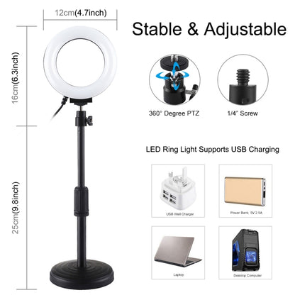 Soporte de escritorio de base redonda PULUZ + anillo de luz LED regulable por USB de 4,7 pulgadas y 12 cm con 3 modos para vlogging, altura ajustable: 15,5 cm-25,5 cm, soporte de escritorio + 4,7 pulgadas
