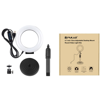 Soporte de escritorio de base redonda PULUZ + anillo de luz LED regulable por USB de 4,7 pulgadas y 12 cm con 3 modos para vlogging, altura ajustable: 15,5 cm-25,5 cm, soporte de escritorio + 4,7 pulgadas