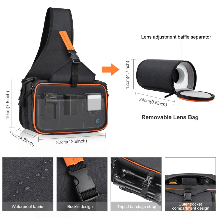 Mochila triangular PULUZ para cámara réflex, impermeable, bandolera con compartimento para lentes extraíble (negro)