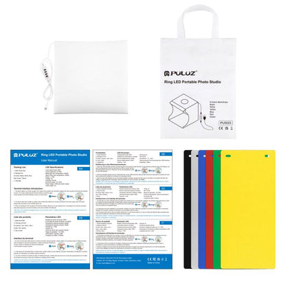 PULUZ 23cm Ring LED Panel Folding Portable Light Photo Lighting Studio Shooting Tent Box Kit with 6 Colors Backdrops (Black, White, Yellow, Red, Green, Blue), Unfold Size: 24cm x 23cm x 23cm, 23cm Ring LED Panel (RU), 23cm Ring LED Panel