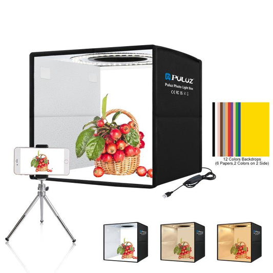 PULUZ 25cm Folding Portable 3 Modes Dual Color Temperature Ring Light Photo Lighting Studio Shooting Tent Box with 6 x Dual-side Color Backdrops, Size: 25cm x 25cm x 25cm, 25cm 3 Color Temp. Box Black, 25cm 3 Color Temp. Box Black RU