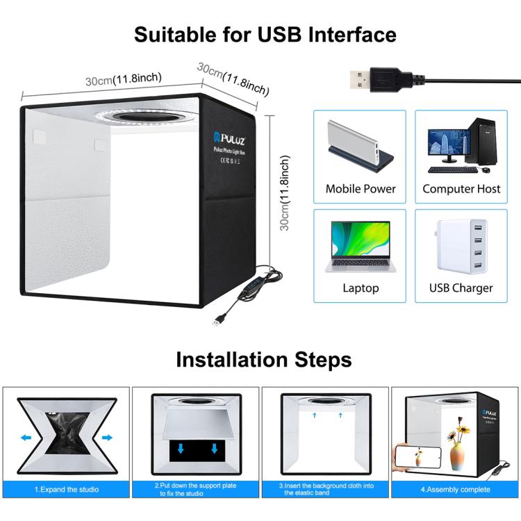 PULUZ 30cm Folding Ring Light Photo Lighting Studio Shooting Tent Box Kit with 6 Colors Black / White / Orange / Red / Green / Blue Backdrops, 30cm Box Black, 30cm Box Black RU, 30cm Box Green RU, 30cm Box Green
