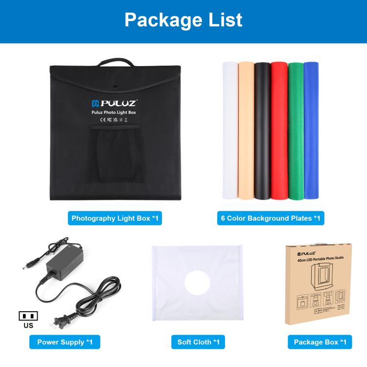 PULUZ 40cm Folding Portable White Light Dimmable Photo Lighting Studio Shooting Tent Box Kit with 6 Colors (Black, Orange, White, Red, Green, Blue) Backdrops, 40cm Box(US), 40cm Box(UK), 40cm Box(EU), 40cm Box(AU)