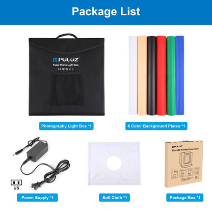 PULUZ 40cm Folding Portable White Light Dimmable Photo Lighting Studio Shooting Tent Box Kit with 6 Colors (Black, Orange, White, Red, Green, Blue) Backdrops, 40cm Box(US), 40cm Box(UK), 40cm Box(EU), 40cm Box(AU)