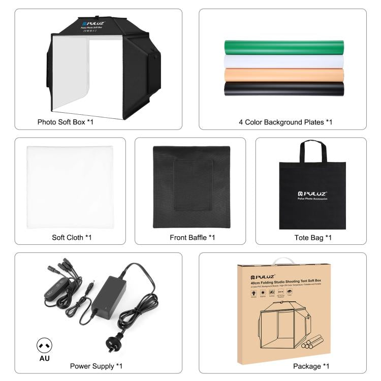 PULUZ 40cm Folding 72W 5500K Studio Shooting Tent Soft Box Photography Lighting Kit with 4 Colors (Black, Orange, White, Green) Backdrops, 40cm Folding 72W(AU Plug), 40cm Folding 72W(EU Plug), 40cm Folding 72W(UK Plug), 40cm Folding 72W(US Plug)