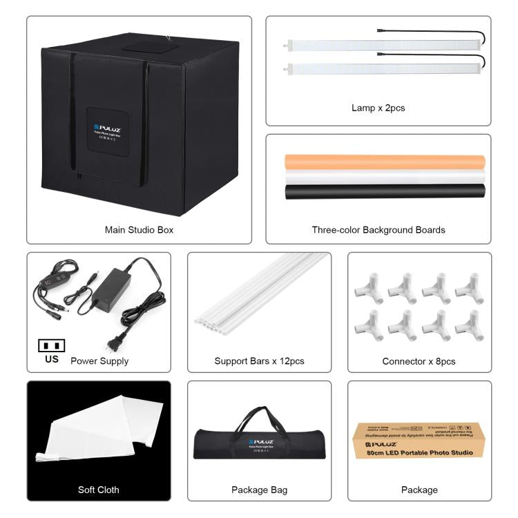 PULUZ 80cm Folding Portable 72W White Light Photo Lighting Studio Shooting Tent Box Kit with 3 Colors Black / White / Orange Backdrops, 80cm Box(US), 80cm Box(EU), 80cm Box(AU), 80cm Box(UK)