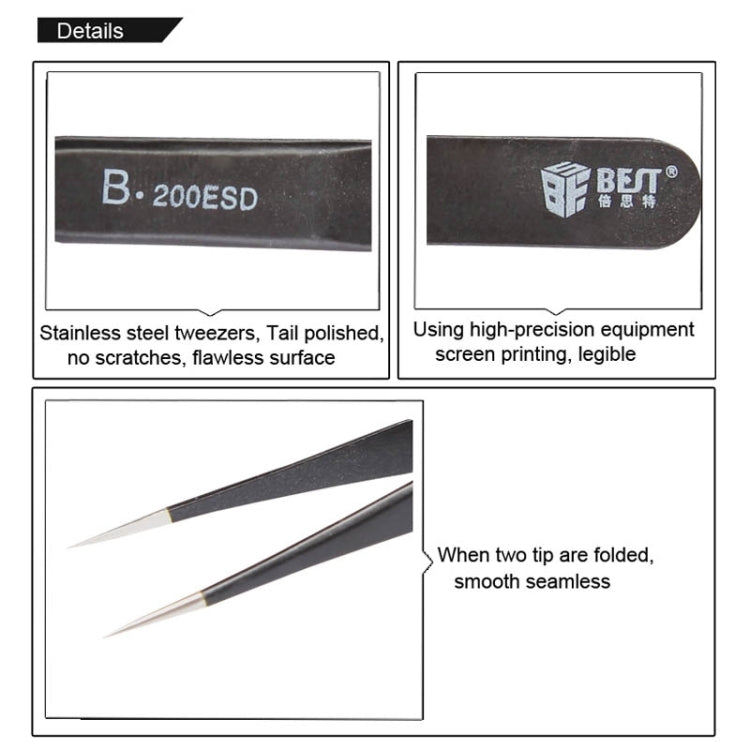 BEST BST-200ESD 202 Stainless Steel Anti-static Tip Tweezers, BST-200ESD