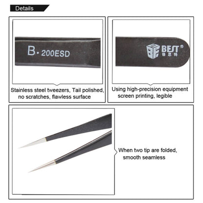 BEST BST-200ESD 202 Stainless Steel Anti-static Tip Tweezers, BST-200ESD