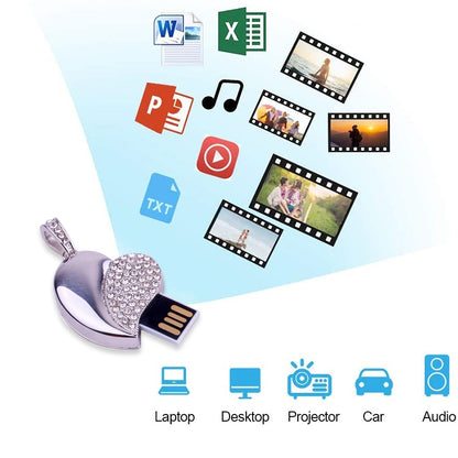 Silver Heart Shaped Diamond Jewelry USB Flash Disk, Special for Valentines Day Gifts , 2GB, 4GB, 8GB, 16GB, 32GB