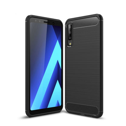 Funda protectora trasera suave de TPU con textura de fibra de carbono cepillada para Galaxy A7 (2018)/A750, a prueba de golpes y antideslizante.
