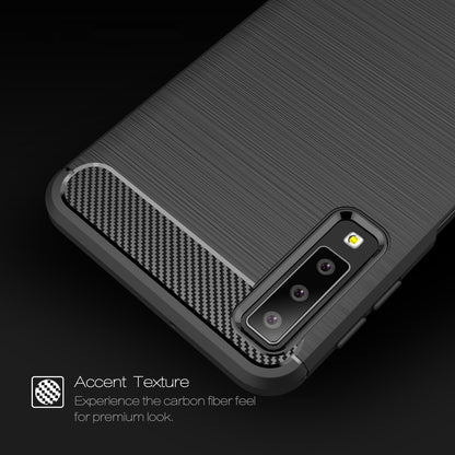 Funda protectora trasera suave de TPU con textura de fibra de carbono cepillada para Galaxy A7 (2018)/A750, a prueba de golpes y antideslizante.