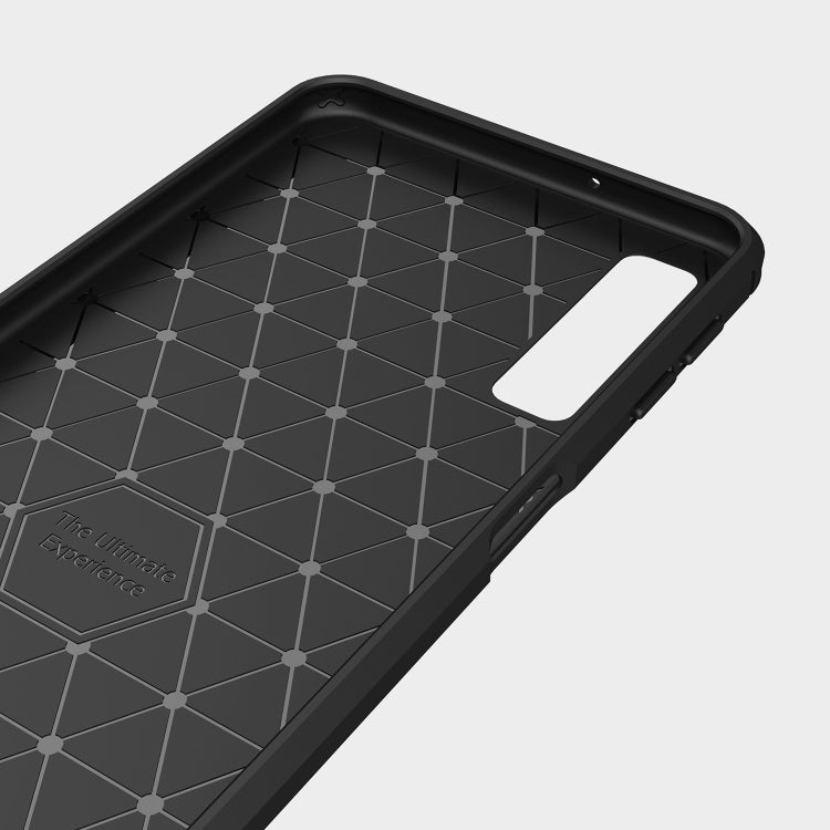 Funda protectora trasera suave de TPU con textura de fibra de carbono cepillada para Galaxy A7 (2018)/A750, a prueba de golpes y antideslizante.
