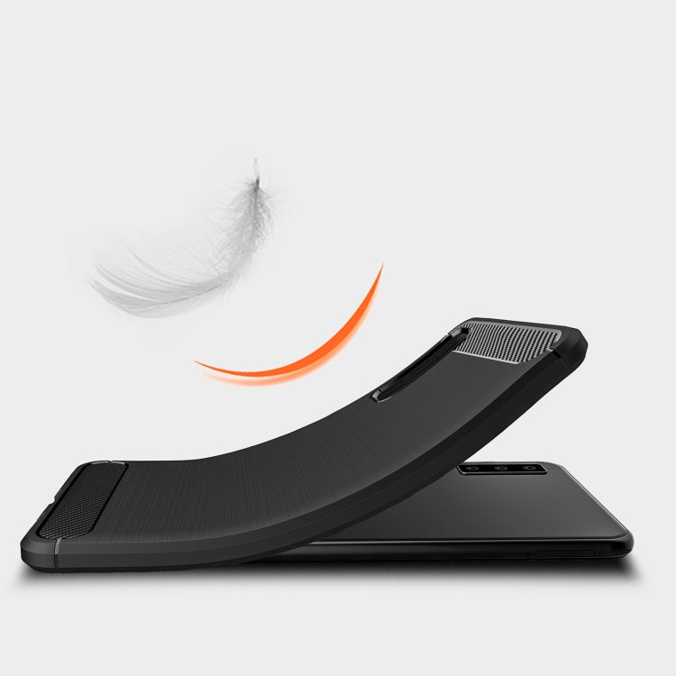 Funda protectora trasera suave de TPU con textura de fibra de carbono cepillada para Galaxy A7 (2018)/A750, a prueba de golpes y antideslizante.