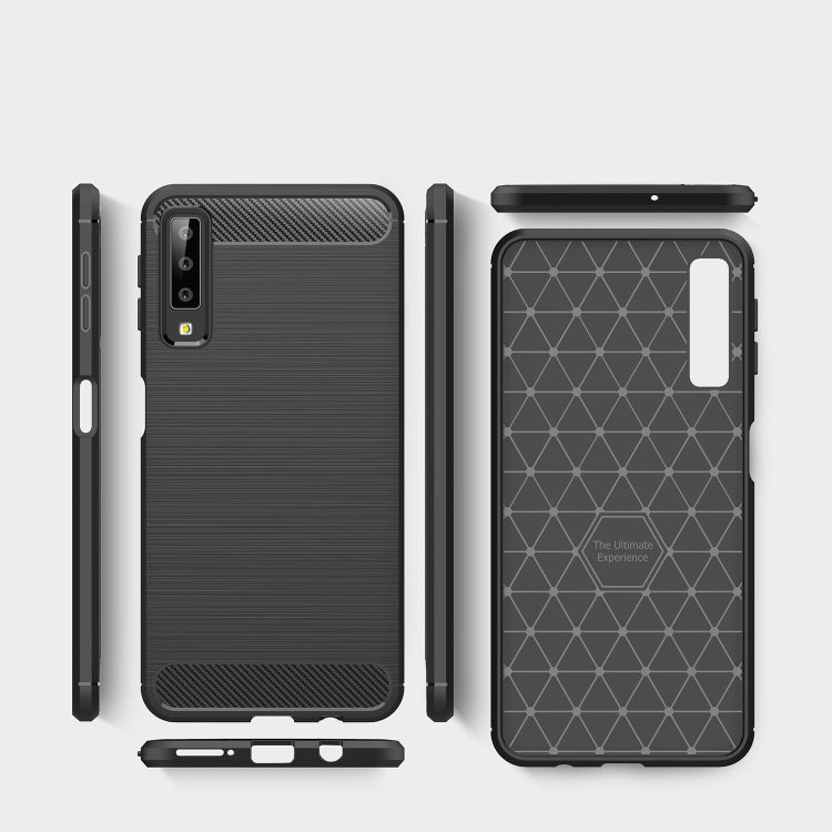 Funda protectora trasera suave de TPU con textura de fibra de carbono cepillada para Galaxy A7 (2018)/A750, a prueba de golpes y antideslizante.