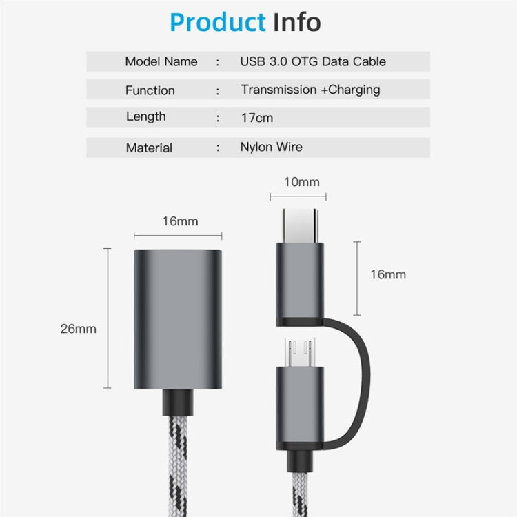 Cable adaptador OTG de nailon trenzado para carga y transmisión USB 3.0 hembra a micro USB + USB-C/Tipo-C macho, longitud del cable: 17 cm, micro USB 17 cm gris, micro USB 17 cm dorado