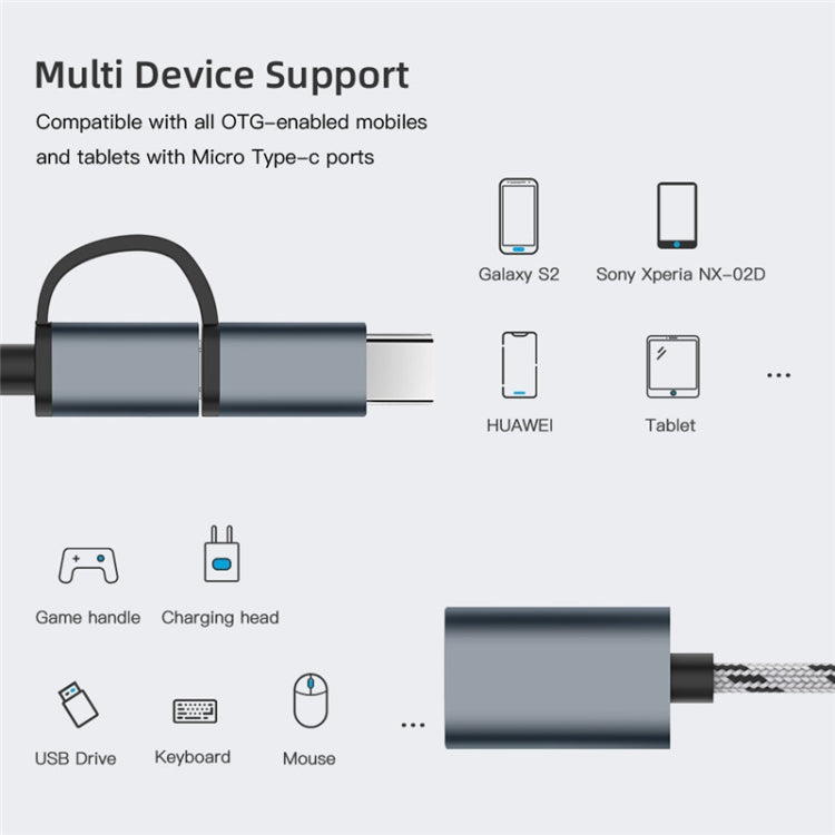 Cable adaptador OTG de nailon trenzado para carga y transmisión USB 3.0 hembra a micro USB + USB-C/Tipo-C macho, longitud del cable: 17 cm, micro USB 17 cm gris, micro USB 17 cm dorado