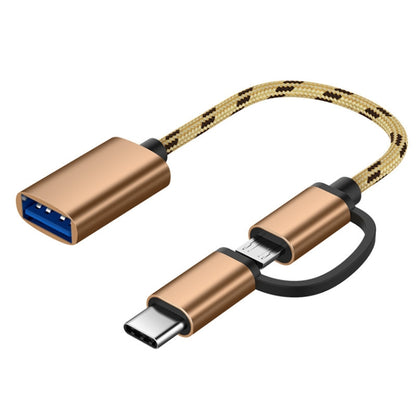 Cable adaptador OTG de nailon trenzado para carga y transmisión USB 3.0 hembra a micro USB + USB-C/Tipo-C macho, longitud del cable: 17 cm, micro USB 17 cm gris, micro USB 17 cm dorado