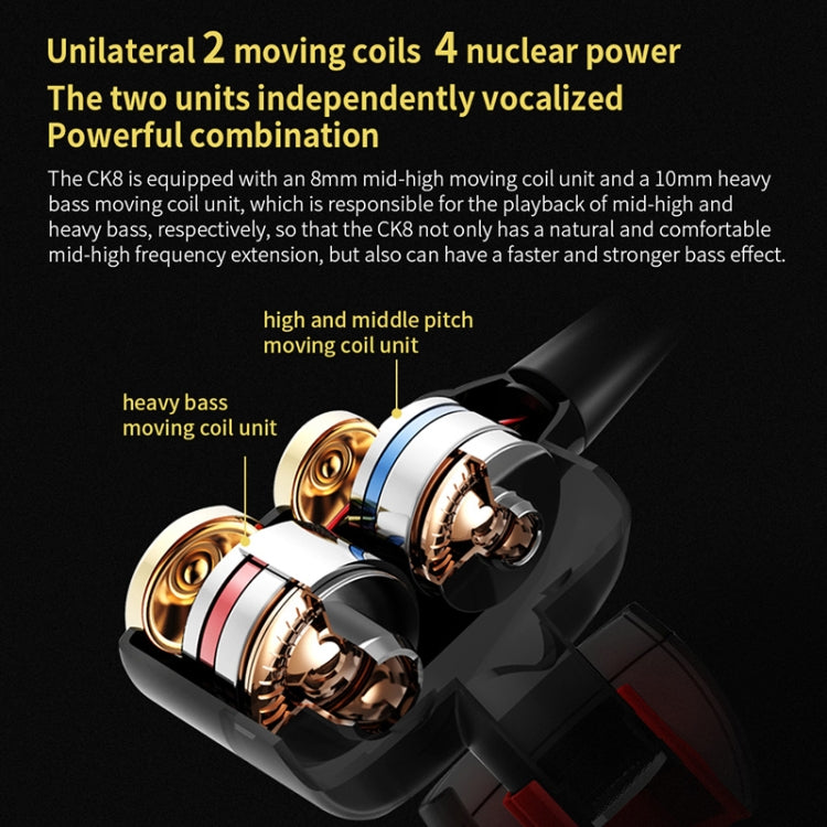 Auriculares intra-auriculares QKZ CK8 HiFi com quatro unidades para desporto e música.